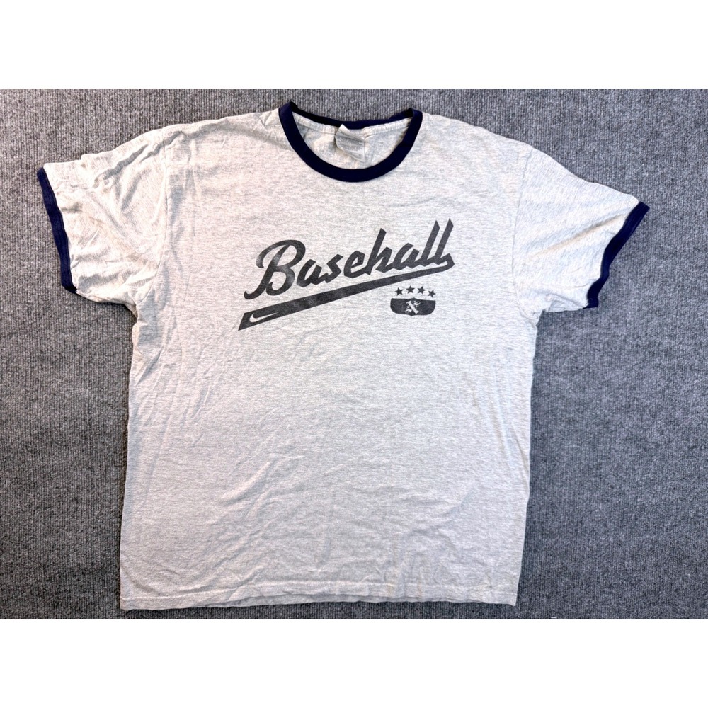 Nike Baseball Ringer T Shirt XL Gray Navy Blue Graphic Tee Cotton Mens Y2K Style